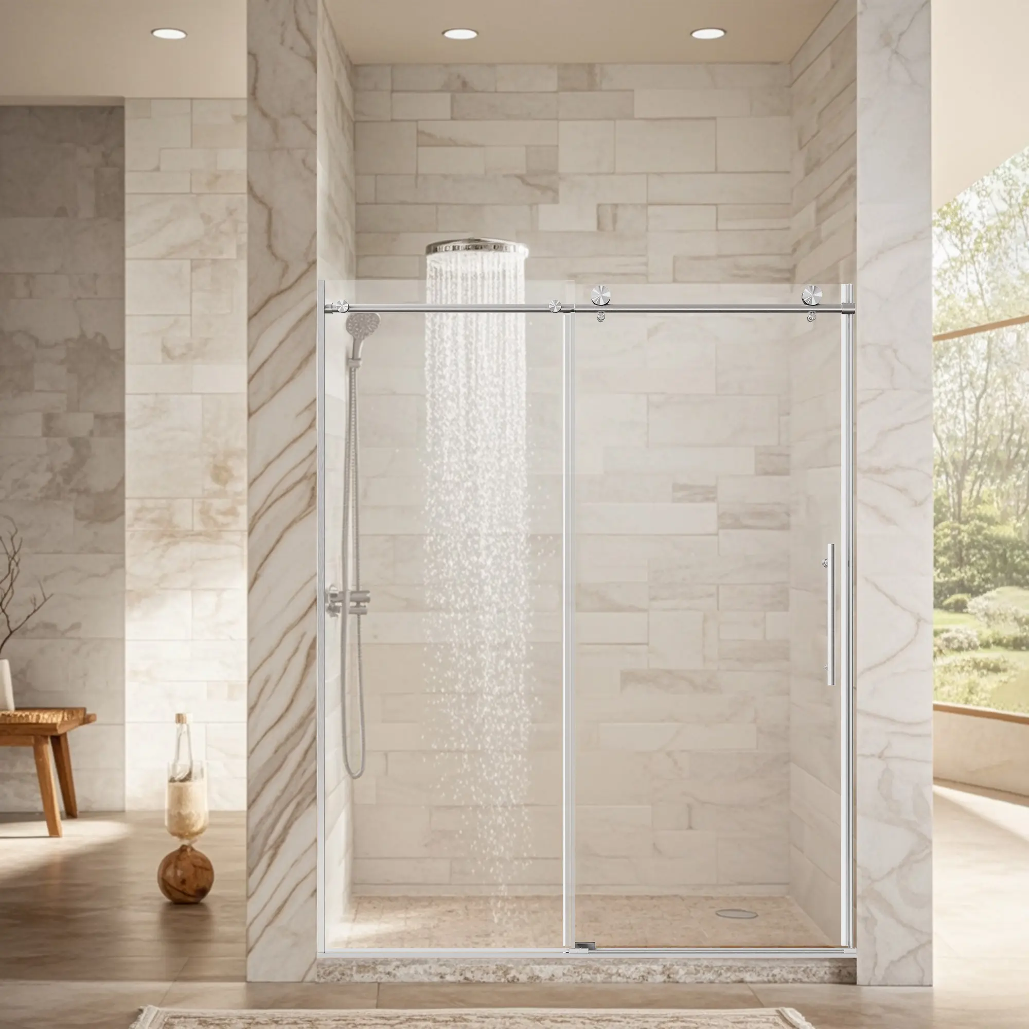 56-60 Inch W x 76 Inch H Frameless Single Sliding Shower Door with 1/4-Inch Thick SGCC Clear Tempered Glass, Stainless Steel Round Tube, Reversible Installation, Brushed Nickel Finish, Modern Bathroom Shower Enclosure, Bathroom Shower Door