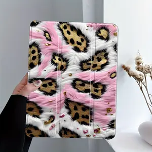 Pink Faux Fur & Gold Leopard Print iPad Case, Tablet Cover, Tablet Accessories, Trifold Stand Protective Cover with Auto Wake/Sleep, Anti-Drop Scratch-Resistant, Transparent Acrylic Back, Fits iPad 7.9/8.3/10.2/10.5/10.9/11 inch