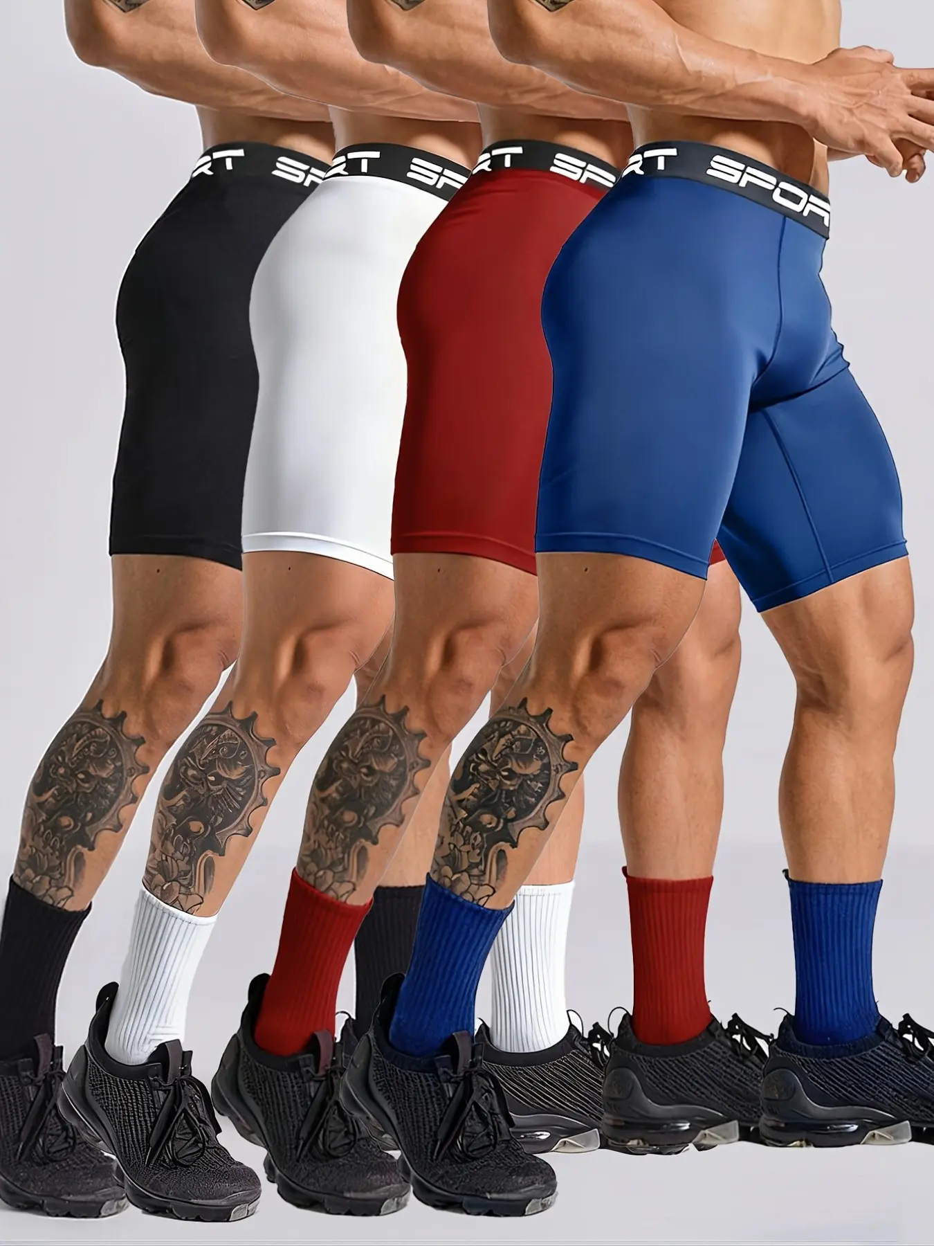 4-Pack Men's Athletic Running Shorts, Quick Dry Moisture Wicking Breathable Stretch Workout Shorts for Gym Training, Fitness & Daily Active Wear, Sports Shorts Set in Black, White, Red and Blue