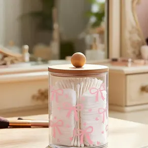 Bow Storage Box with Transparent Dome Lid and Wooden Cover, Acrylic Material, Bathroom Organizer, 10oz Cotton Swab Container, Clear Storage Jar