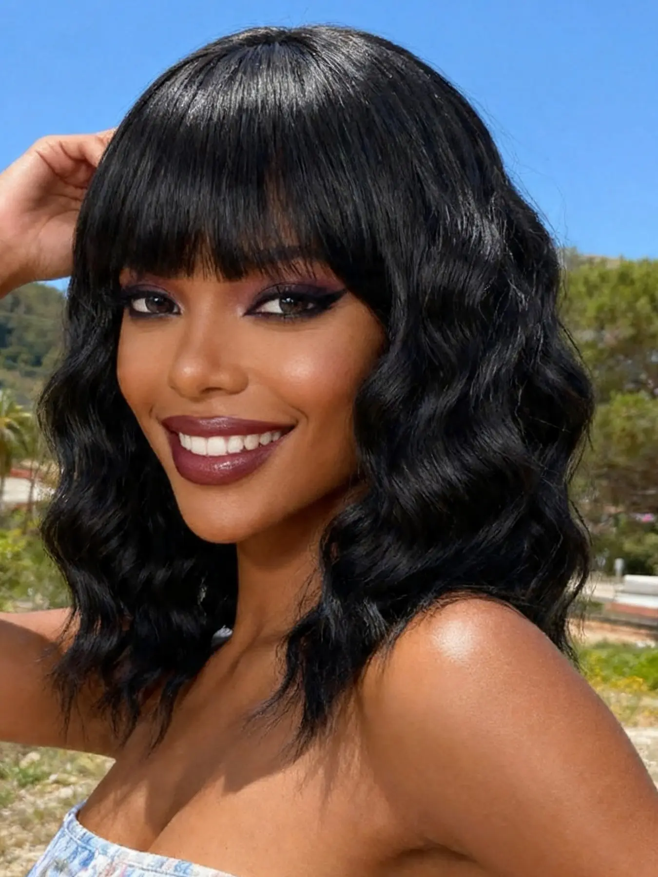 14 Inch Women's Medium-Length Wig, Heat-Resistant Hair, Synthetic Wavy Hair, Voluminous Waves, Bangs, Curly Bob Style, Wave with Bangs, All Seasons, Premium Synthetic Wigs