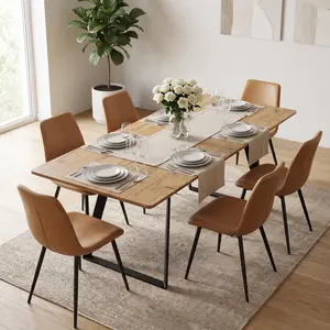 Modern Extendable Solid Wood Rectangular Dining Table for 6, Natural Wood Grain Kitchen & Dining Table with Retractable Top, Black A-Frame Metal Legs, Spacious Legroom, Minimalist Industrial Dinner/Home Office Desk for Apartment