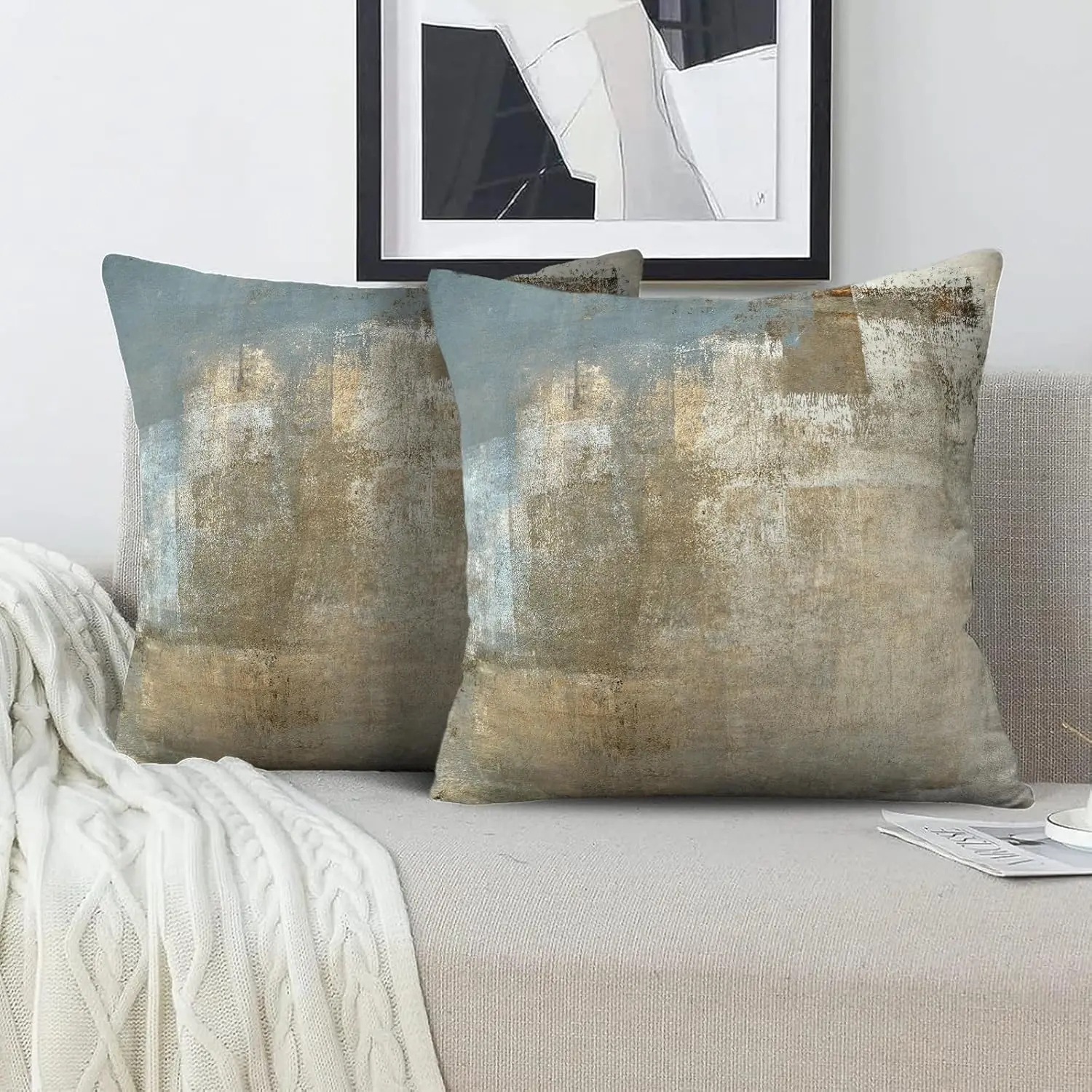 Grey and Beige Art Contemporary Pillow Cover, Neutral Decorative Throw Pillows Cushion Cover for Bedroom Sofa Living Room 18 x 18 Inch Set of 2