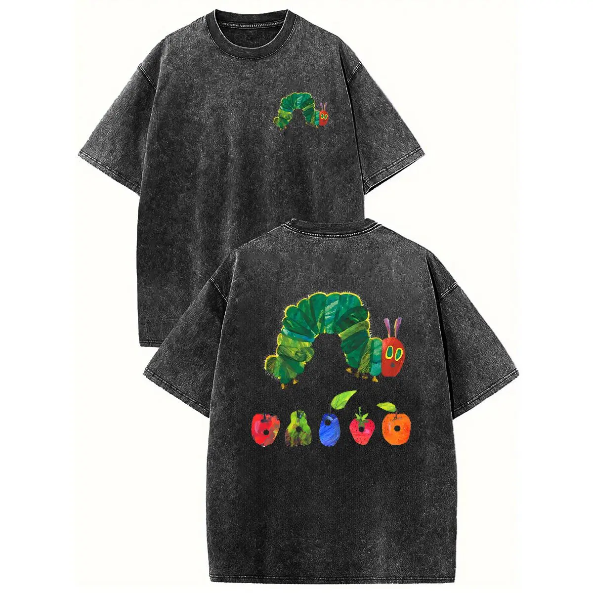 Acid Wash Heavyweight Cotton "The Very Hungry Caterpillar" 2-Sided Print Crewneck T-Shirt, Men's Streetwear Baggy Fit Graphic Top
