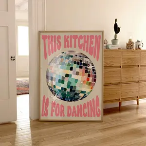 This Kitchen Is For Dancing Print, Pink, Disco Ball, Retro Poster, Trendy Poster, Trendy Wall Art, Kitchen Prints, Kitchen Decor Poster