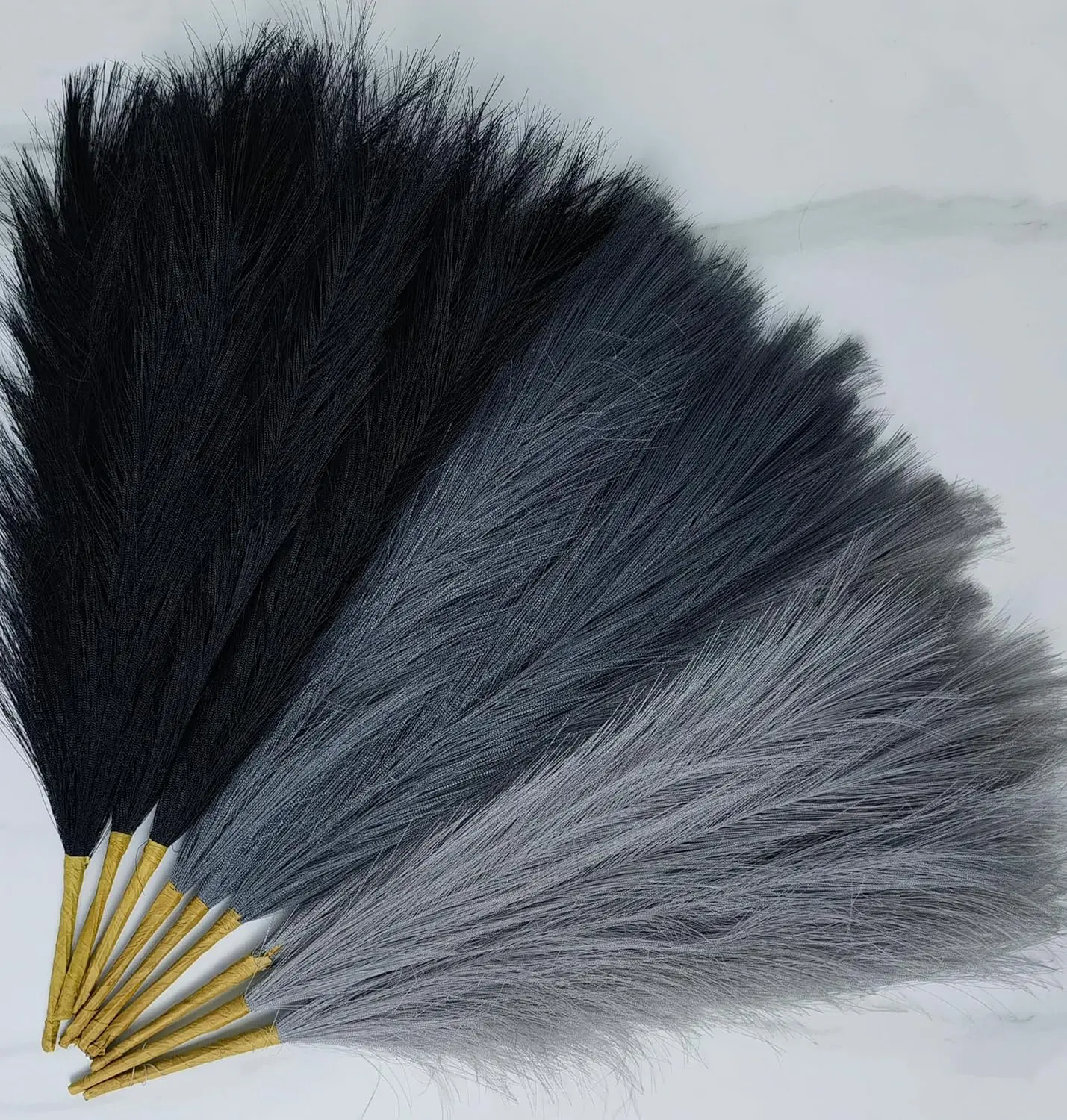 9 Pcs 17" Pampas Grass Decor, Black Grey Faux Dried Fluffy Fake Small Pompas Artificial Gray Pompous Short Stems Bouquet Flower Arrangement Vase Filler for Boho Home Wedding Decoration