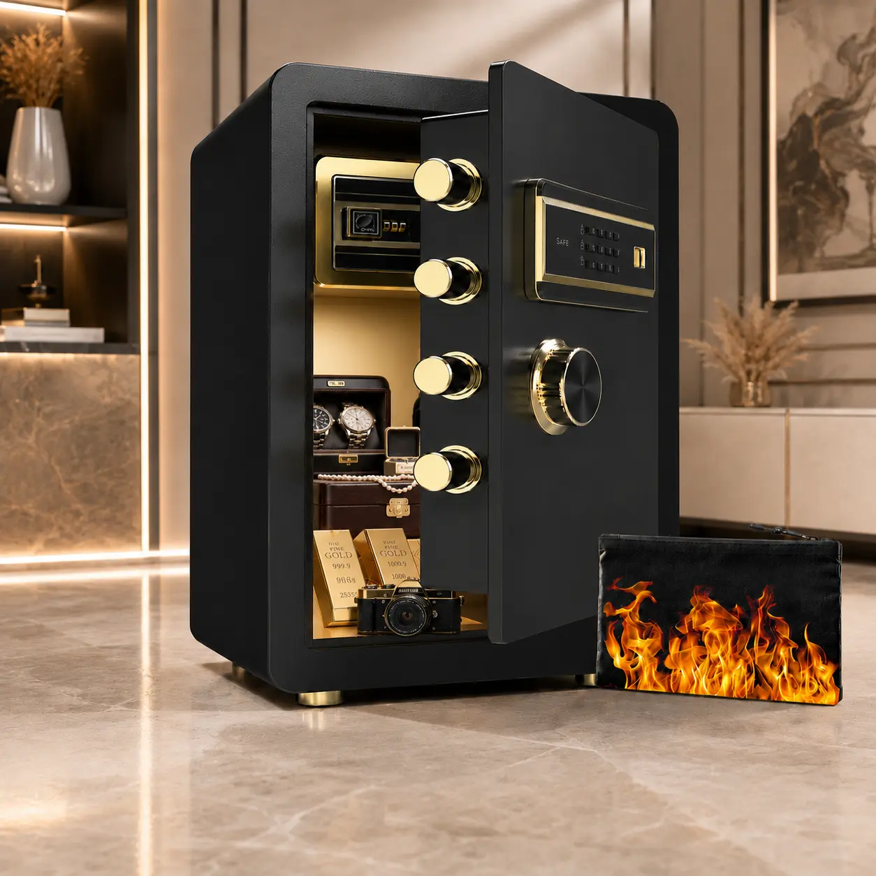 X-Safe Series Multi-Size Solid Steel Fireproof Safe for Office & Home, Digital Lock, Alarm System, Internal Storage Box, Adjustable Shelves, Waterproof Bag, LED Lights, Emergency Power - Ideal for Valuables