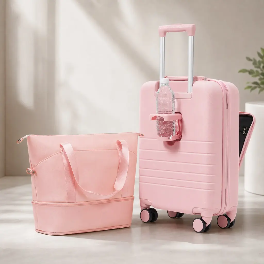 20-Inch Carry-On Luggage Hard Shell Suitcase with Expandable Travel Bag Set, ABS Hardside Rolling Suitcase with USB Port and Cup Holder, Pink 2-Piece Luggage Set for Travel, Business, and Weekend Trips, Pink Color Options, ABS Material