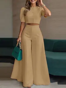 Short Sleeve Top and Wide Leg Pants Set, Elegant Office Wear, Professional Business, Perfect for Client Meetings