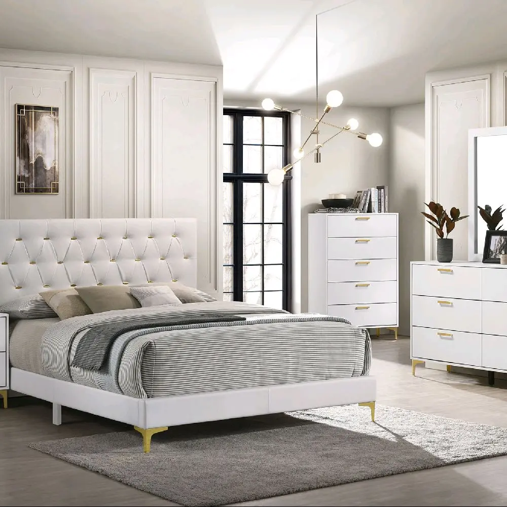 Kendall Design Queen Size White Bedroom Set with Tufted Headboard and Gold Accents for Modern Elegance