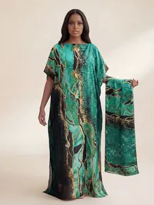 Women's Casual Random Pattern Robe Set, Hooded Shawl Dress + Long Scarf Headband, Beach Sun Protection Satin Silk Wrap, Beach Cover Up, Swimwear Coverups, Swimsuit Cover Up