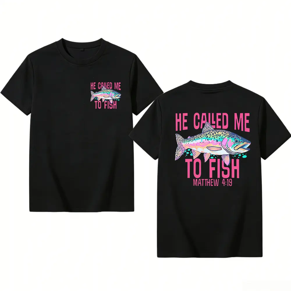 Retro T-Shirt Double Sided Printed (Pure Cotton T-Shirt) 'HE CALLED ME TO FISH' Letter And FISH Pattern Print, Womens Shirt Casual, Comfortable, Fashionable T-Shirt, Street Style Cotton