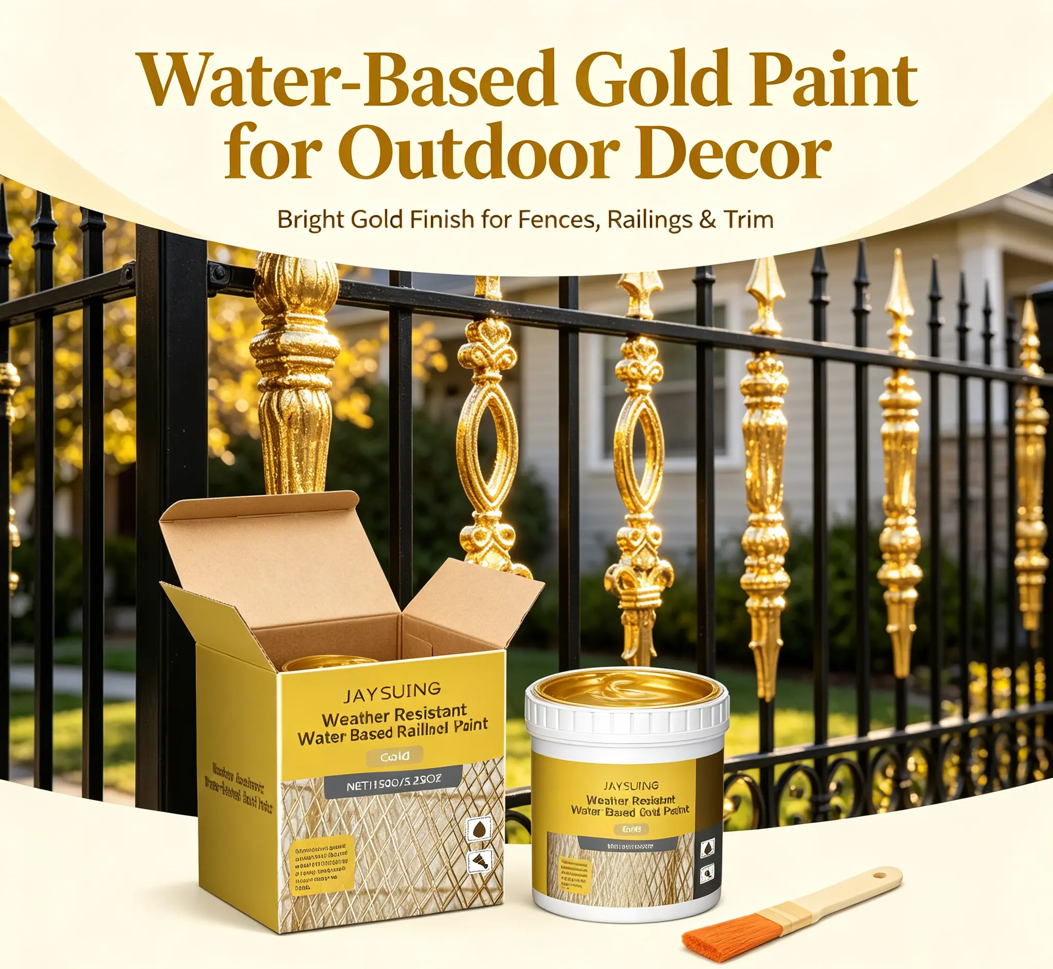 Water-Based Metallic Gold Paint | For outdoor railings, fences & decorative pillars. Bright shiny gold foil effect, weatherproof coating, simple to apply & long-lasting.