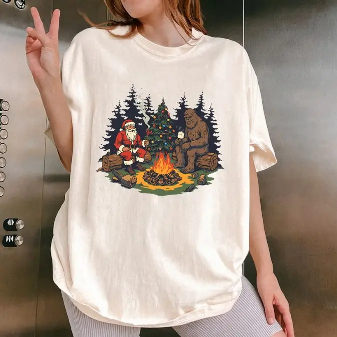 Santa Bigfoot Christmas Campfire Sweater, Funny Christmas Sweater, Ugly Christmas Sweater, Gift For Him, Christmas Camping Sweatshirt