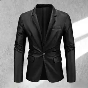 Men's Black Leather Single-Button Slim-Fit Long-Sleeve Suit, Elegant Simple Business-Casual Design, High-Quality Delicate Leather Fabric, Sophisticated Lapel & Pocket Details, Body-Enhancing Silhouette, Lightweight Styling