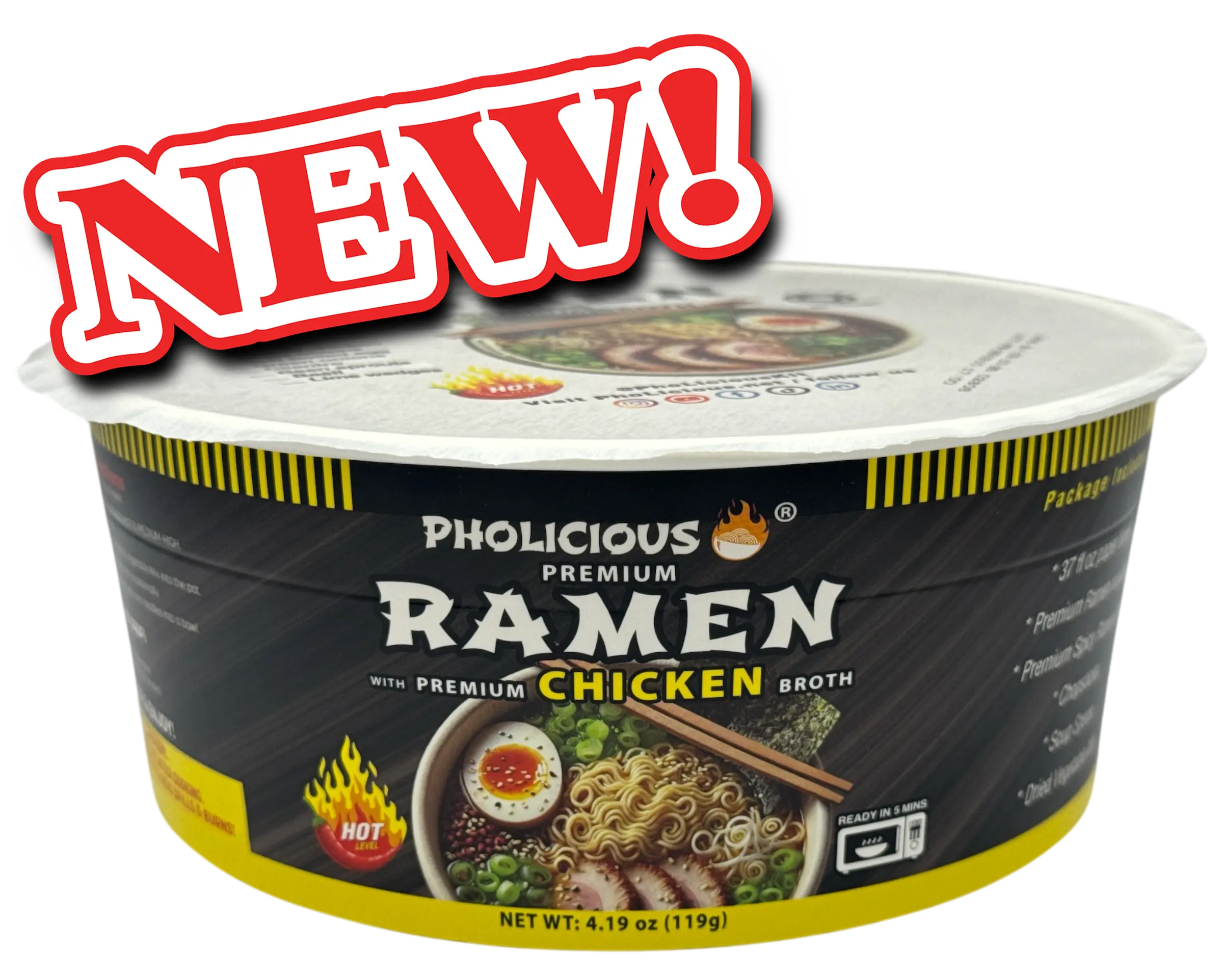 Spicy CHICKEN Premium Ramen, Instant, PhoLicious Brand, 4 Pack / 4.19 Ounce Bowls, Fresh Ingredients