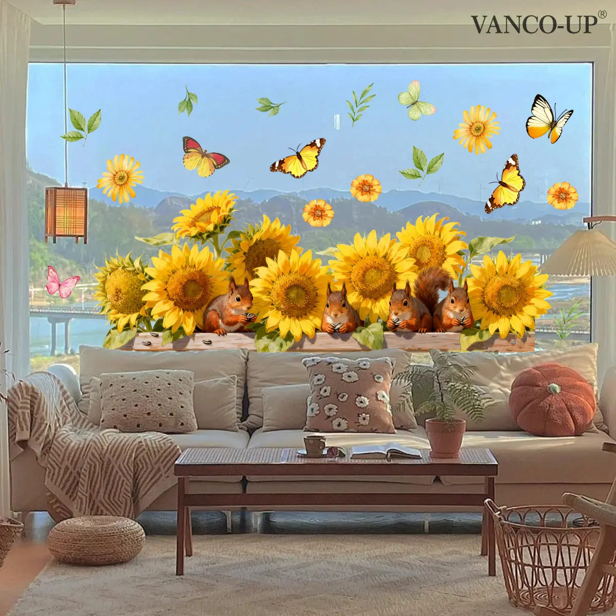 A set (30*90cm) of butterfly, sunflower and squirrel window stickers, double-sided visible decorative window decals, suitable for home windows, glass doors, static stickers D20738