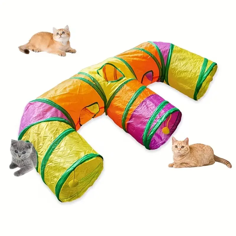 Collapsible H-Shape 4-Way Cat Tunnel Toy for Cats, Washable & Tear-Resistant Durable Indoor Play Tunnel with Interactive Play Balls