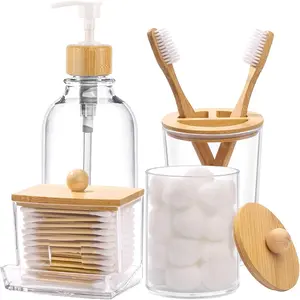 Bamboo Bathroom Accessories Set 4 Pcs - Clear Toothbrush Holder Plastic Soap Dispenser and 2 Qtip Holder Cotton Swab/Pad/Ball Container Jar, Bathroom Essentials Accessories, Bathroom Organizing Accessories, Bathroom Organizer