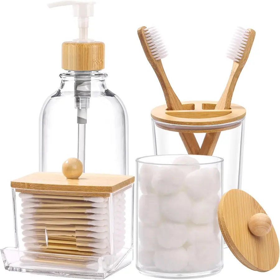 Bamboo Bathroom Accessories Set 4 Pcs - Clear Toothbrush Holder Plastic Soap Dispenser and 2 Qtip Holder Cotton Swab/Pad/Ball Container Jar, Bathroom Essentials Accessories, Bathroom Organizing Accessories, Bathroom Organizer, Bathroom Accessory Sets