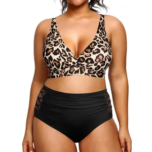 Yonique Women's Two Piece Plus Size Bikini Set, V Neck Top & Full Coverage High Waisted Bikini Bottom, Tummy Control Swimwear for Beach Swimming Holiday Vacation