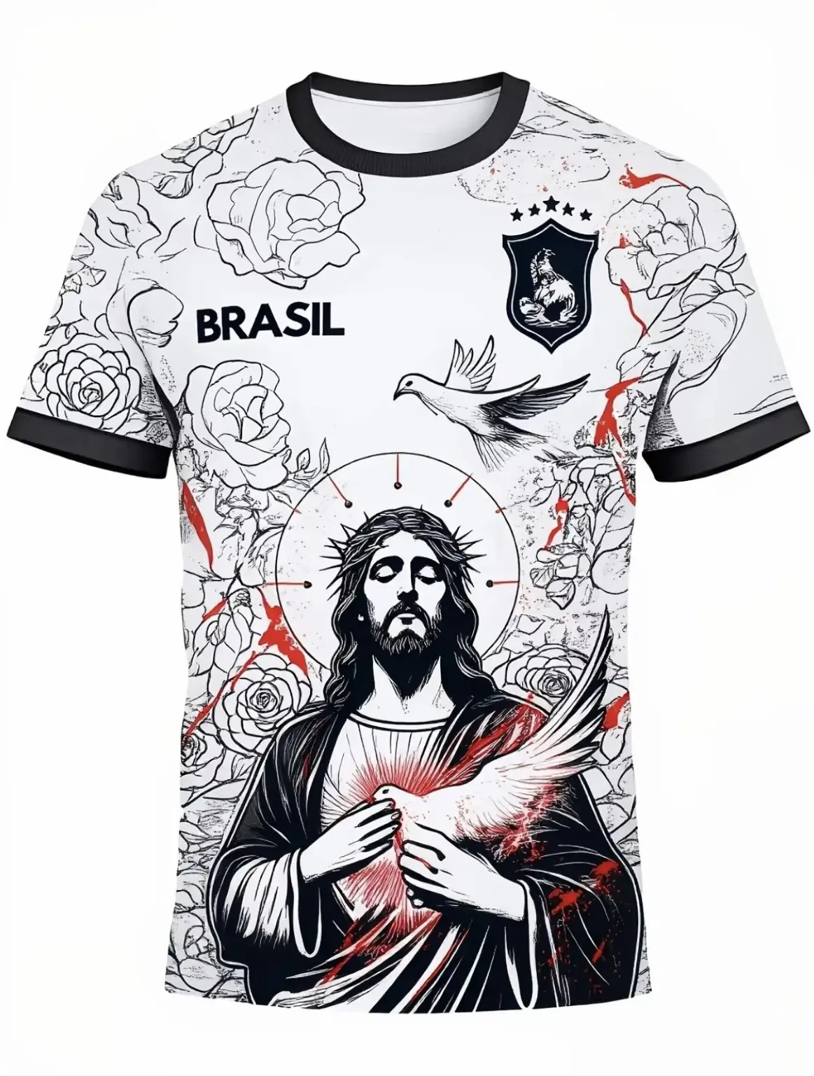 Men's Fitted Long-Sleeve Soccer Jersey with Novelty Dove and Rose Print, Casual All-Season Top for Football Fans, Novelty Print, Printed Art