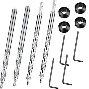 4 count 3/8 Inch Pocket Hole Drill Bit with Depth Stop  1/4 Hex Shank and Round Shank Replacement Twist Step Drills for Manual Pocket Hole Guide Jig Master System (6.3 Inch Length)