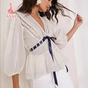 ANNI Women's Deep V-Neck Blouse Lace Patchwork 3/4 Sleeve Cinched Waist Bow Tie Front Slim Peplum Tops Streetwear in Light Green - Shirts, Chic Light Shirts Casual Fashion