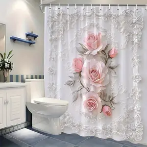 Elegant Pink Roses Shower Curtain with Silvery Leaves & Lace Pattern, Romantic Vintage Floral Bathroom Decor, 12 Hooks Included Flower