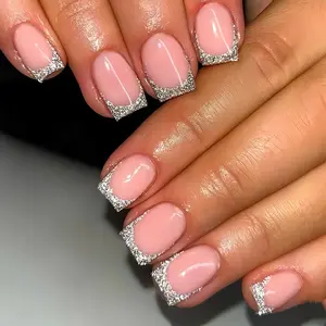 Hot-selling bright diamond broken diamond pieces square nail autumn and winter silver gray French whitening fake nail flash powder fake nail nail pieces, wedding, removable manicure