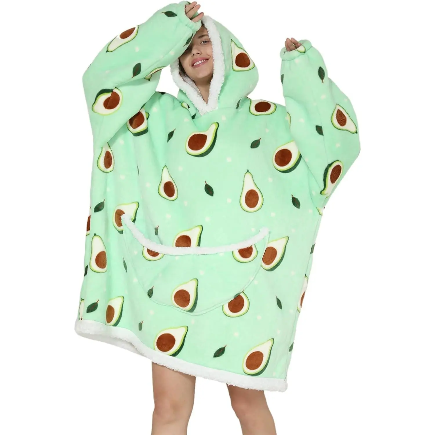 Women's 1-Size Flannel Wearable Blanket Hoodie - Super Soft, Comfortable, Warm - Green Avocado Design - Ideal for Christmas, Valentine, Thanksgiving, Halloween Pumpkins Celebrations
