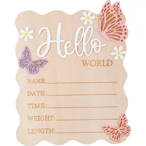 Butterfly Daisy Hello World  Sign, Wooden  Birth Announcement Board  Welcome Decoration for  Floral  Decor Photo Prop