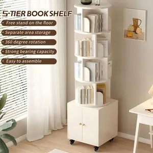 Rotating Bookshelf 360 Degree Display 5 Tier Corner Bookshelf with Drawer for Small Space Floor Standing Bookcase Storage Rack Wood Narrow Organizer for Bedroom Living Room Multiple  Space Saving Rotating Mechanism