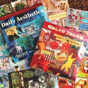 670+ Pcs 30 Sheets Aesthetic Holographic Japanese Sticker Book (Single/Bundle) - Y2K Kawaii Food & Color Mood Board Photo Collage Decals for Junk Journaling