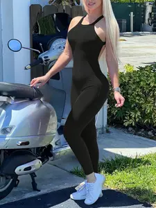 black sleeveless fitted bodycon ribbed knit halter neck stretch sexy one piece casual athleisure slim fit summer street style lounge workout jumpsuit women, Womenswear, Yoga Jumpsuit, Sports Jumpsuit, Yoga Workout Jumpsuits