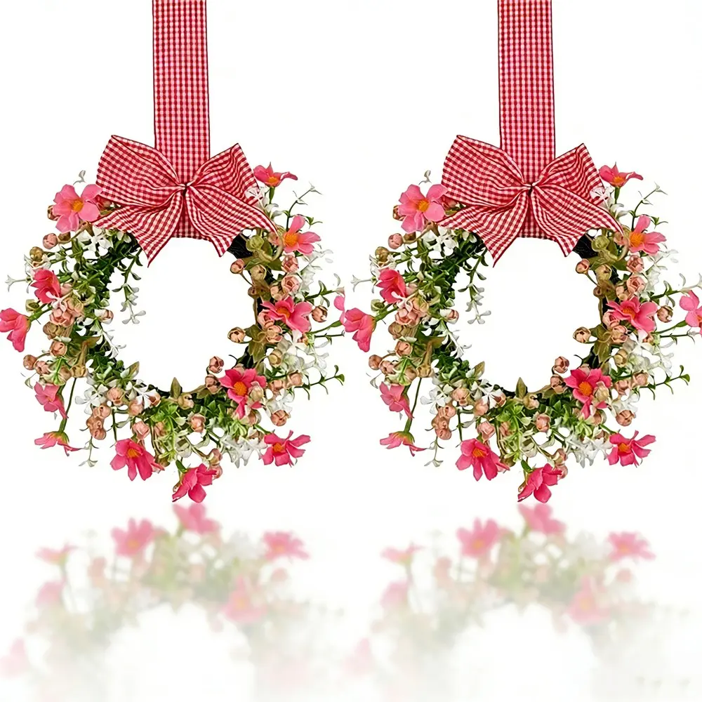 2pcs Artificial Daisy Wreath with Bowknots, Hanging Flowers, Decorative Faux Flowers, Fake Flowers Outdoor, Perfect for Farmhouse Style Front Door or Wall Decor, Hanging Decoration, Indoor and Outdoor Use