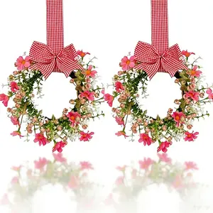 2pcs Artificial Daisy Wreath with Bowknots, Hanging Flowers, Perfect for Farmhouse Style Front Door or Wall Decor, Hanging Decoration, Indoor and Outdoor Use