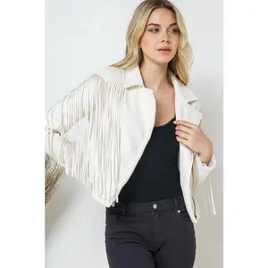 White Faux Leather Moto Fringe Jacket