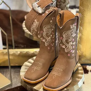 SaraHi Women's Pink Square Toe Cowboy Boots & Belt Combo - Premium Full Leather, 11" Shaft, 1.5" Heel, Rodeo Style, Made in Mexico