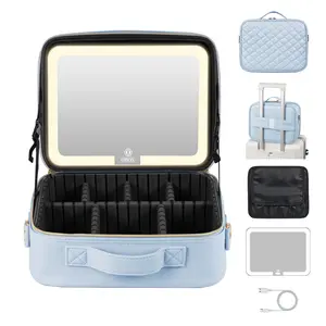 Makeup Bag with LED Mirror, Light Travel Makeup Train Case for Women, Cosmetic Bag Organizer, Portable Artist Storage Bag with Adjustable Dividers Makeup Brushes Storage Organizer and 3 Color Lights