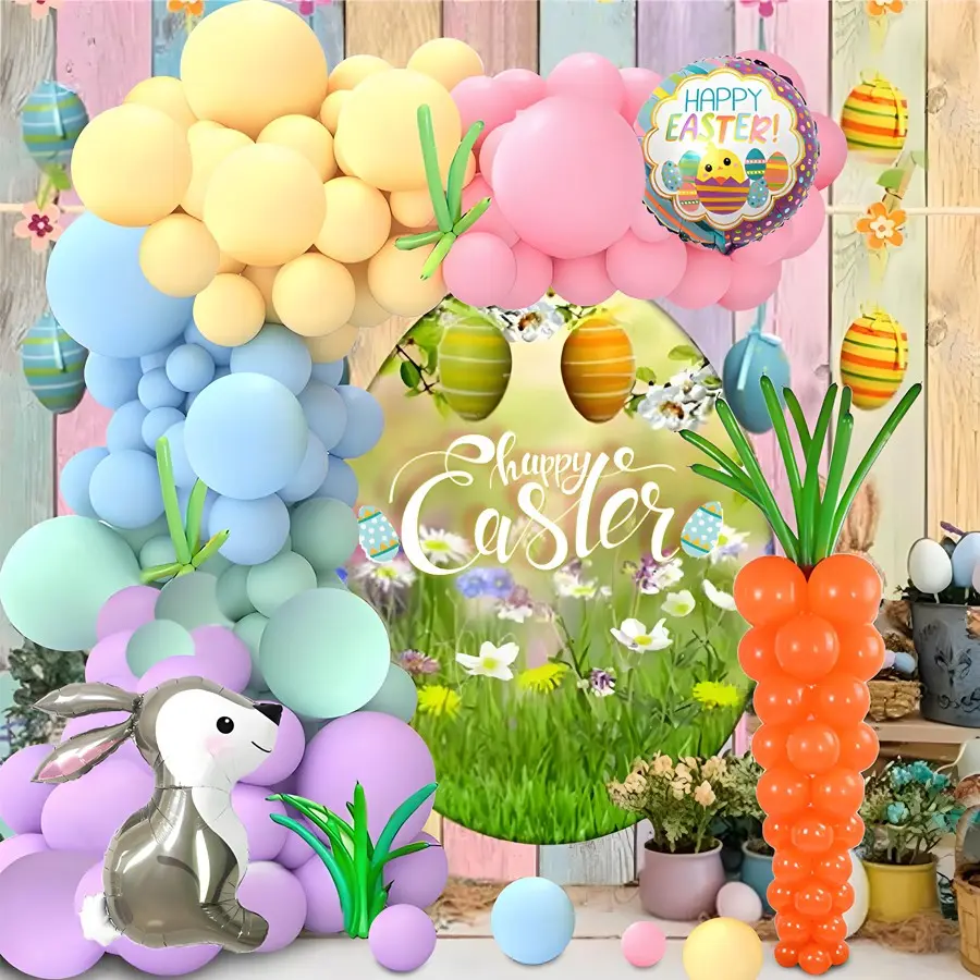 130pcs Spring Easter Theme Balloon Chain Set, Balloon Garland, Rabbit Foil Balloons with DIY Carrot Balloons, Macaron Latex Balloons for Party Decorations