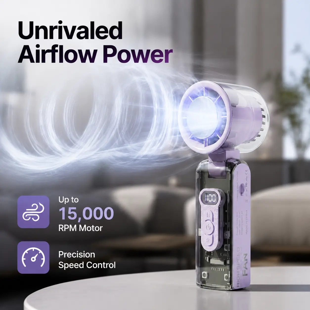 Portable Foldable Cooling Fan - Mini Portable Fan with Digital Display, LED Light, USB Rechargeable Refrigeration for Outdoor Camping, Travel (Household Appliances), 6.66Wh, Built-In Li-Ion