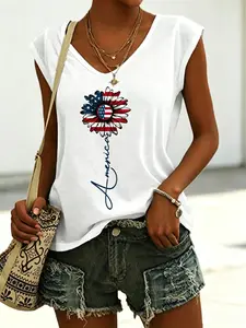 Women's V-Neck Sleeveless Tank Top, American Flag Sunflower "America" Graphic Tee, America 250 Patriotic Casual Summer Vest T-Shirt