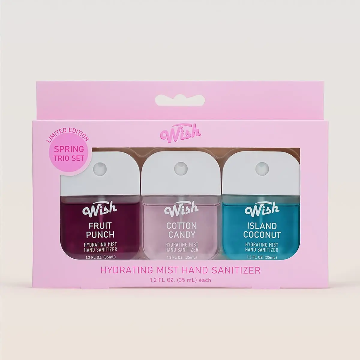Wish Scented Hand Sanitizer Spray, 3-Pack Variety - Fluffy Cotton Candy, Fruit Punch, Island Coconut - 1.2 fl oz Each (500 Sprays), Hydrate, Moisture, Hand Sanitizers, Gift Set, Moisturizing, Moisturizer, Hydrating, Spray Hand Sanitizers