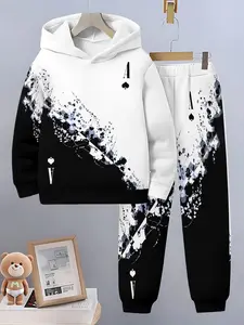 Boys' Casual Two-Piece Set, Fitted Hoodie & Long Pants, Random Print Design, All Seasons Wear, Comfortable Daily, Sweatshirts