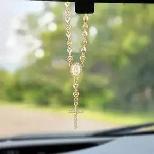 1 gold heart-shaped Virgin Mary rosary and rhinestone cross pendant - car rearview mirror hanging accessories for interior decoration, metal material, more convenient installation, Car Ornament, Car Accessory