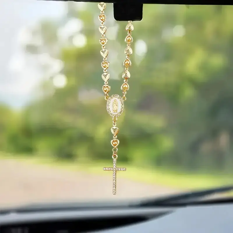 1 gold heart-shaped Virgin Mary rosary and rhinestone cross pendant - car rearview mirror hanging accessories for interior decoration, metal material, more convenient installation, Car Ornament, Car Accessory