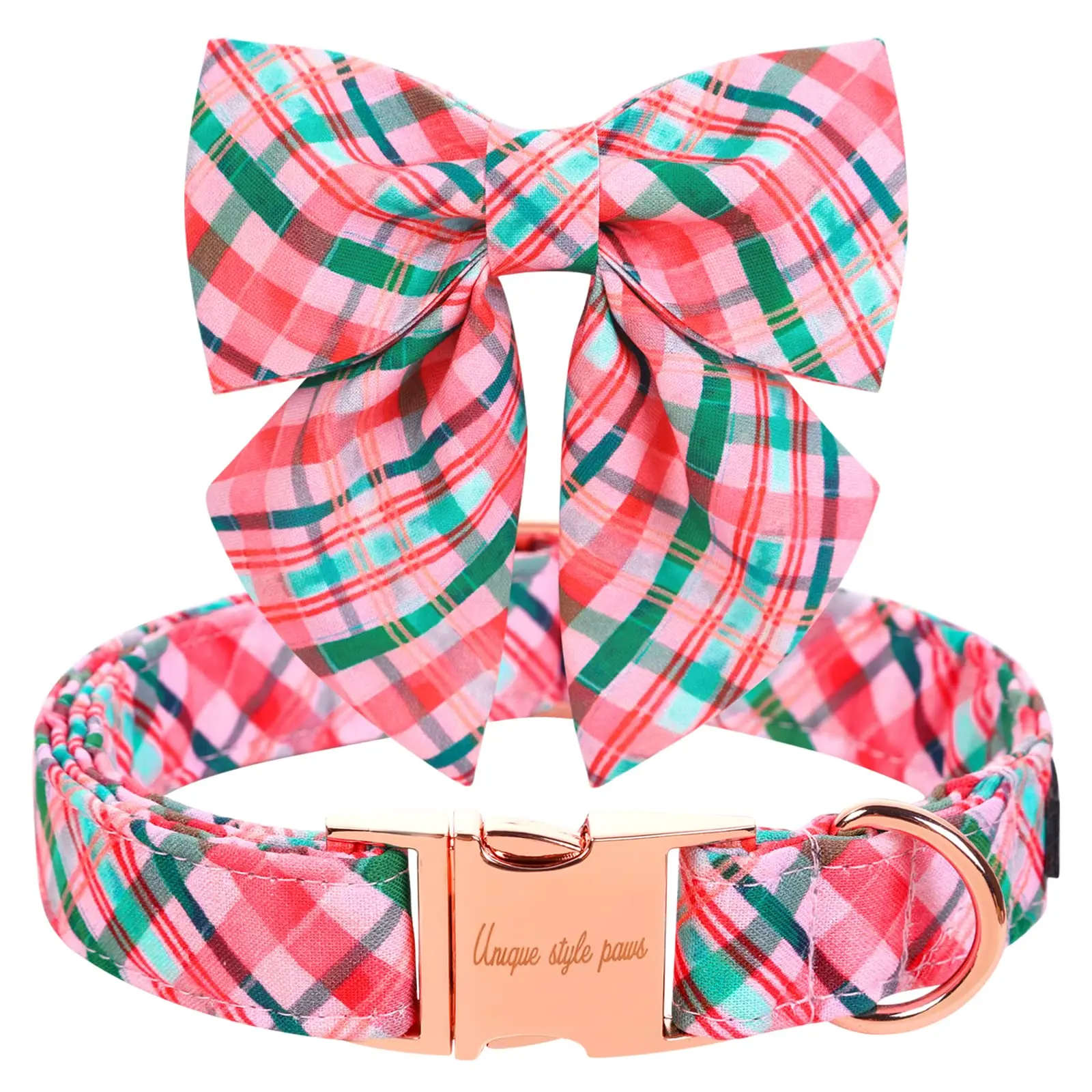 Unique style paws Dog Collar with 3 Tie Pink & Green Plaid Dog Collar Best Gifts for Small Medium Large Dogs tiktokshopbacktoschool