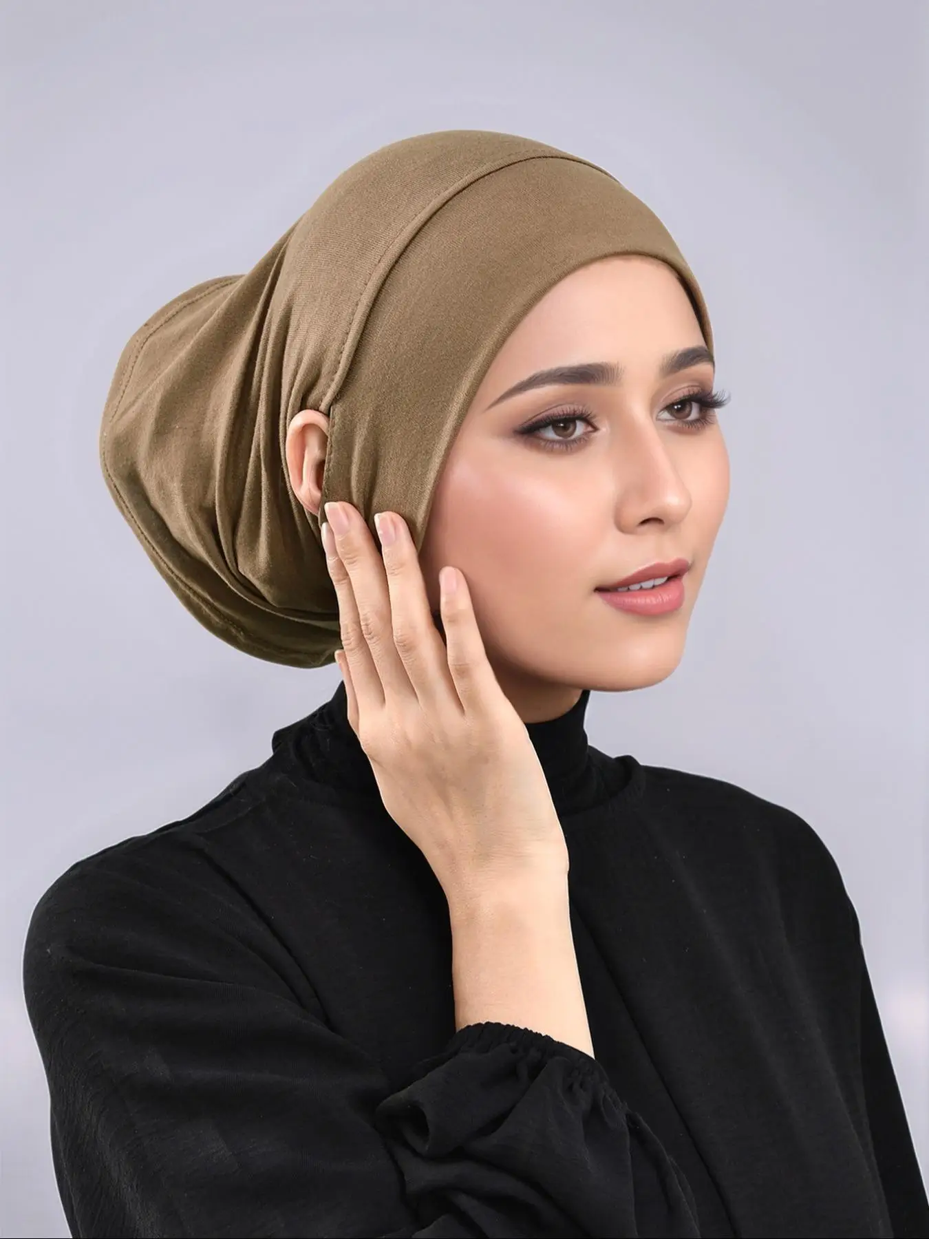 Women's Solid Color Instant Hijab with Ear Holes, Casual Modest Woven Fabric Hat, Modesty Round Islamic Prayer Scarf for All Seasons
