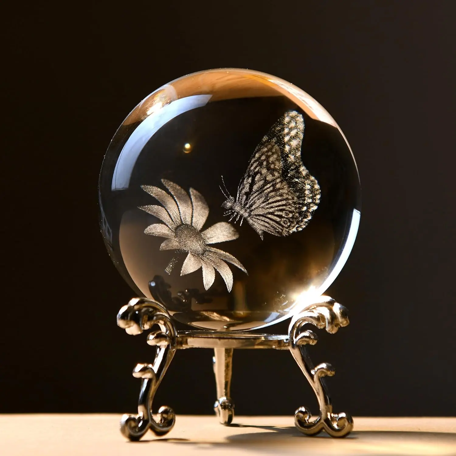 3D Butterfly Crystal Ball 60mm Gifts Ideas for Girlfriend Wife Mom Couple Her Butterfly on Sunflower in Glass Ball with Stand Butterfly Sphere Novelty Home Decor Ornaments Interior Decoration Accessories Modern Home Decoration Art Figurine